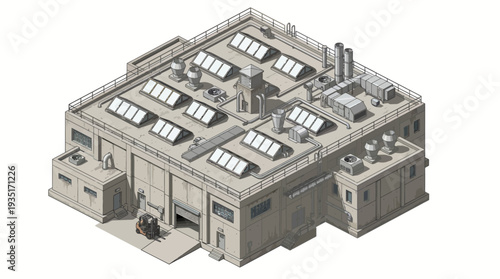 Illustration of a modern industrial building with solar panels on the roof, featuring a forklift loading a pallet