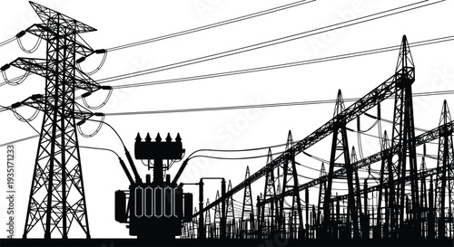 Silhouette Of Electrical Power Station With Transformer And Transmission Towers electricity substation