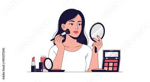 Woman Applying Makeup with Mirror and Brush.