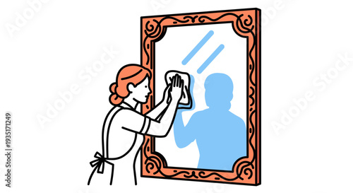 Woman cleaning mirror with cloth.