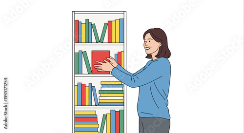 Woman browsing through books on bookshelf.