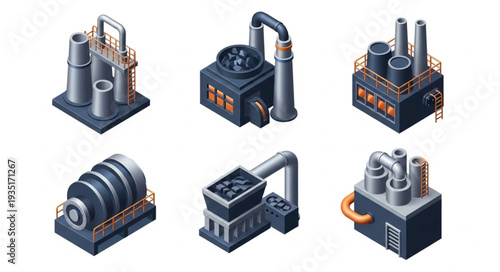 Collection of Industrial Factory Buildings Isometric Icons.