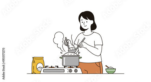 Woman Cooking on Stove with Utensils.