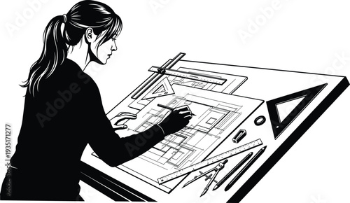Female architect working at drafting table, architectural drawing blueprint design process, engineer workspace, technical drafting tools illustration concept