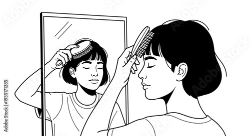 Woman Combing Hair in Front of Mirror.