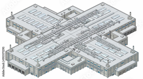 Isometric illustration of a modern industrial building with interconnected structures and clear visual elements