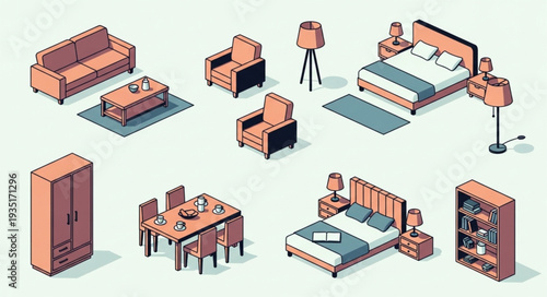Isometric furniture set illustration showcasing various interior design elements for home decor.