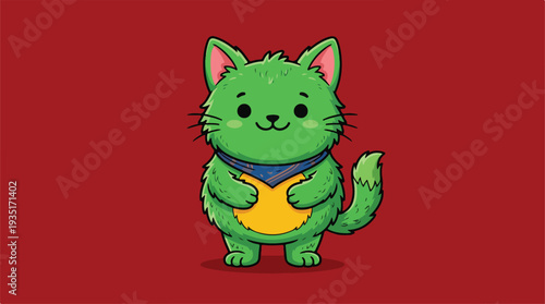 Cute Green Cartoon Cat Wearing a Bandana and Holding a Yellow Circle.