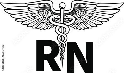 Registered Nurse RN caduceus symbol with wings and snakes Keywords: RN, registered nurse, caduceus, medical symbol, healthcare