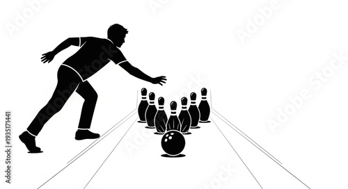 Silhouette of a bowler in action, aiming for a strike, bowling pins ready.