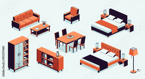 Isometric furniture set illustration showcasing various interior design elements for home decor.