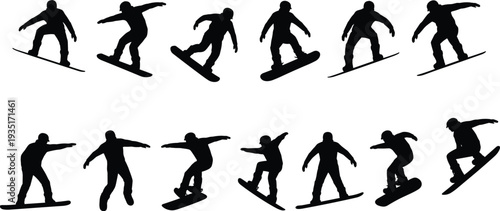 Multiple Snowboarder Silhouettes In Various Poses And Angles Keywords: snowboarder, snowboarding, snow, winter, sport, extreme