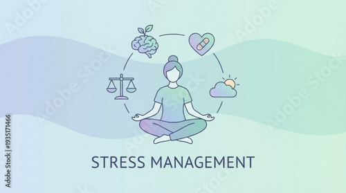 Serene woman meditating in lotus pose surrounded by symbolic icons representing stress management mental health balance and well being with a soft gradient background