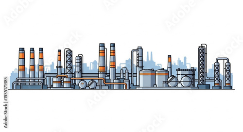 Industrial Factory Complex with Tall Chimneys and Storage Tanks.