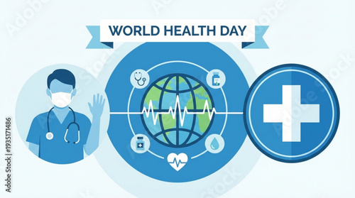 World health day celebration with medical icons and a doctor wearing a mask symbolizing global healthcare awareness and well being featuring a heartbeat line
