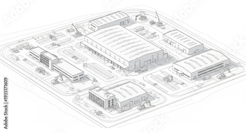 Architectural sketch of a modern industrial complex with multiple buildings.