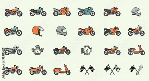 Collection of various motorcycles and helmets in a grid pattern.