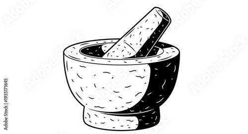 Detailed illustration of a mortar and pestle, ready for grinding herbs and spices.
