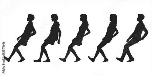 Five black silhouette figures of people sitting or leaning in profile on a white background Keywords: people, silhouettes