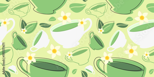 seamless pattern with matcha cup. cute hand drawn style with a cups of green tea, green tea leaves, and small flowers on soft green background. japanese green tea aesthetic illustration