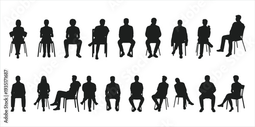 Diverse Group Of People Silhouettes Sitting On Chairs In Two Rows Keywords: people, sitting, chairs, silhouettes, diverse, group
