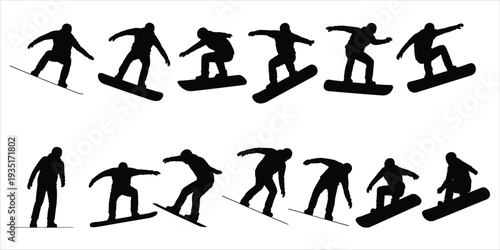 Collection of Snowboarder Silhouettes in Various Action Poses on White Background snowboarding winter sport