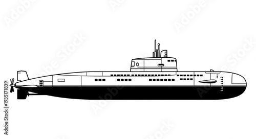 Black and white illustration of a submarine, a vessel for underwater travel.