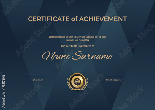 Certificate Template with Gold Badge. Dark Blue Triangle Background.