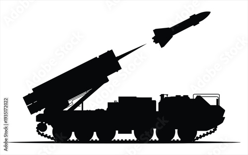 Mobile Missile Launcher Firing Rocket Silhouette on White Background