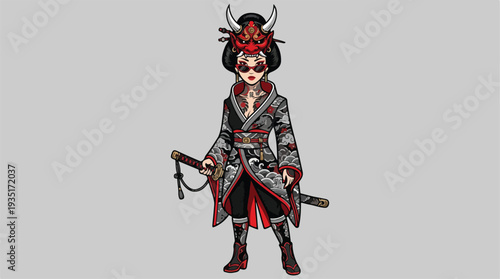 A Fierce Female Samurai Warrior in Traditional Japanese Attire.