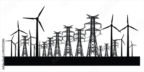 Black silhouette of wind turbines and power line towers against white electricity energy