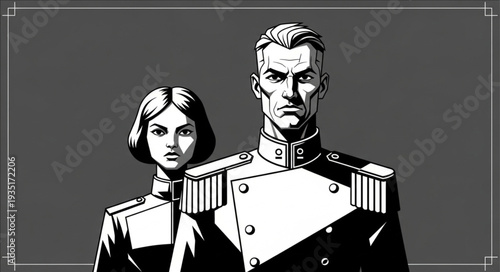 Stern military couple portrait in monochrome, showcasing authority and determination in their expressions.