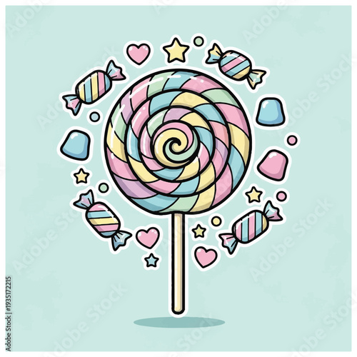 Colorful Lollipop with Candy and Stars.