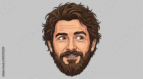 Illustration of a mans head with beard and brown hair.