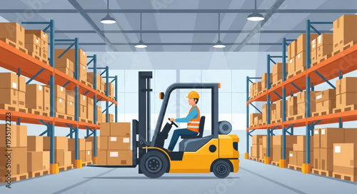 Forklift operator efficiently moving boxes in a warehouse setting, working hard.