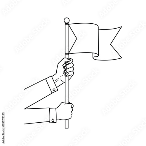 A hand holding a flagpole with a waving flag at the top