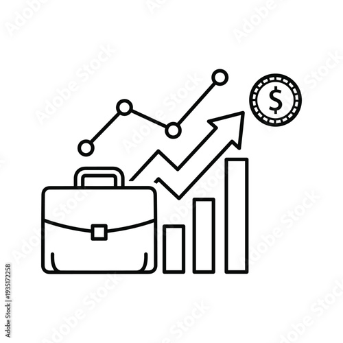 Business growth illustrated with a briefcase, charts, and a rising dollar sign