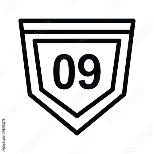 Black and white shield-shaped sign displaying the number 09 in the center
