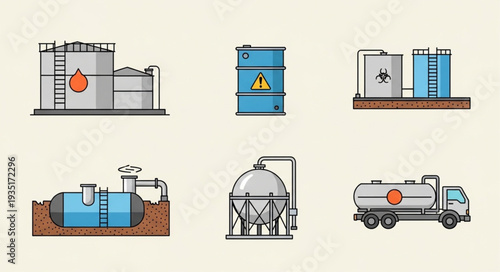 Industrial storage tanks and transport vehicles illustration.