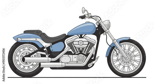 Classic Blue Cruiser Motorcycle Side View Isolated.