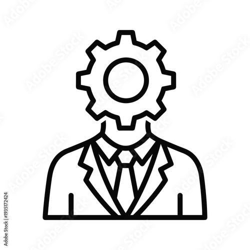 Professional with gear-shaped head symbolizing innovation and problem-solving