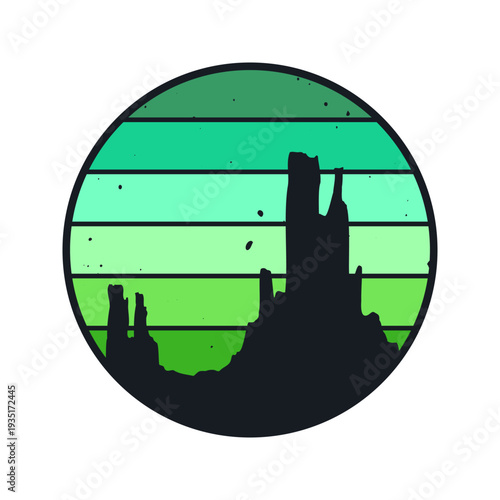 Grunge vintage sunset. Colorful striped sunrise badge in 80s and 90s style. Sun and ocean view, summer vibes, surfing. Design element for print, logo or t-shirt. Vector illustration