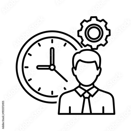 A professional contemplating time management and productivity with a gear symbolizing efficiency