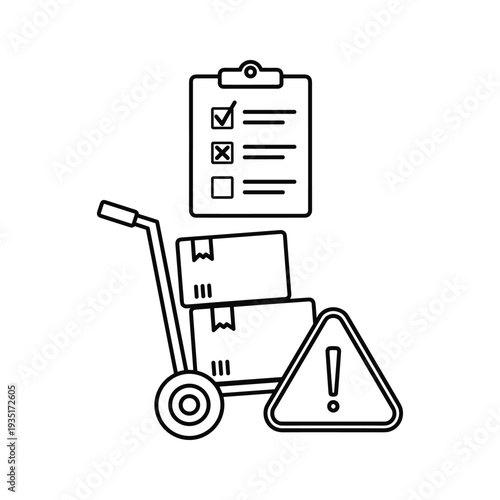 Warehouse pallet jack with checklist and warning sign for safety inspection