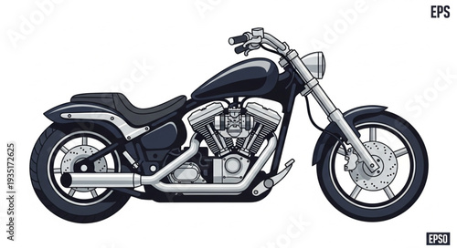 Classic Black Cruiser Motorcycle Side View Illustration.