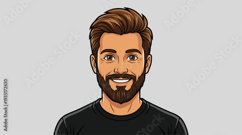 Illustration of a smiling man with a beard and brown hair.