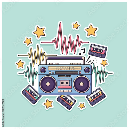 Vintage Boombox with Cassette Tapes and Stars.
