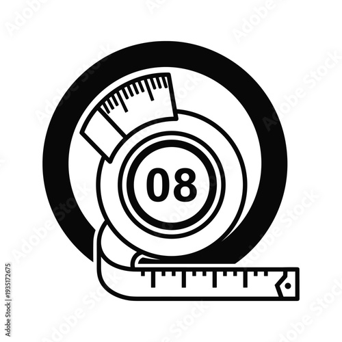 Black and white icon of a tape measure with the number 08 prominently displayed