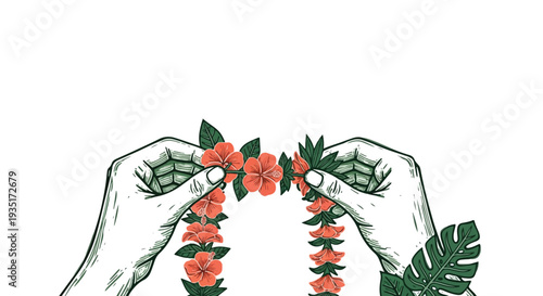 Hand-Drawn Illustration of Hands Crafting a Tropical Hibiscus Flower Lei with Monstera Leaves for Hawaiian Culture and Island Hospitality