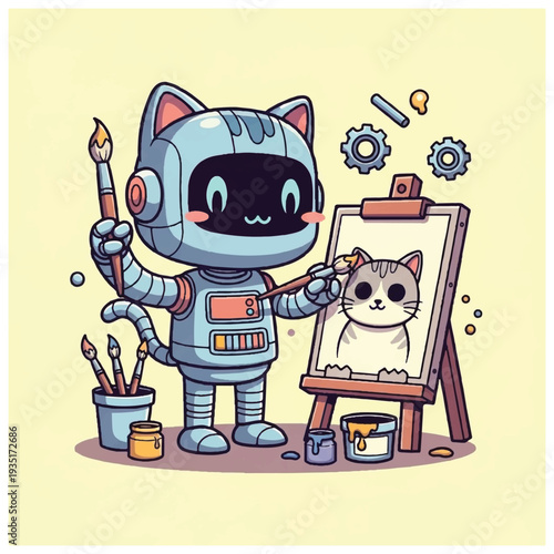 Robot Cat Painting Feline Artwork with Brush.